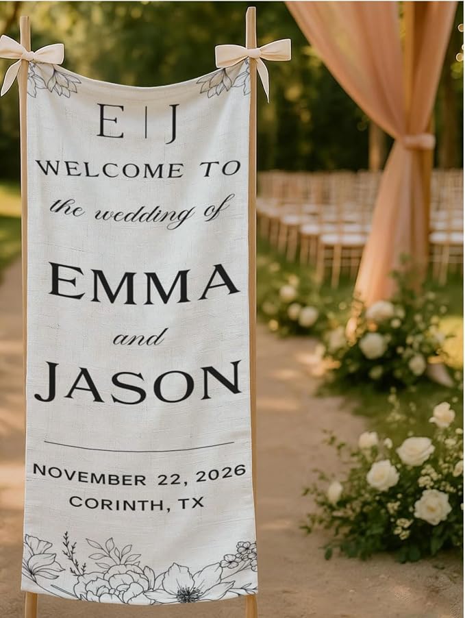 Elegant Wedding Welcome Cotton Linen Tapestry Banner, Custom Names & Date - Image 5