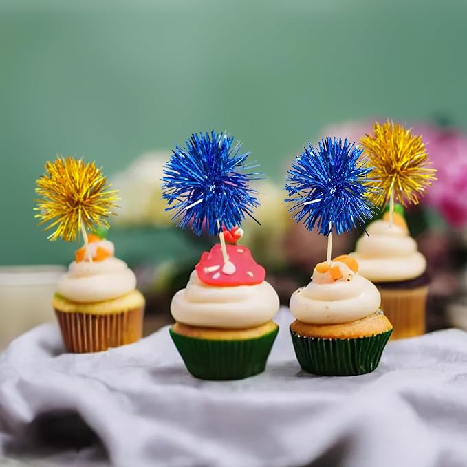 Gyufise 30Pcs Foil Firework Cupcake Toppers Sparkle Tinsel Cake Toppers Tinsel - Image 7