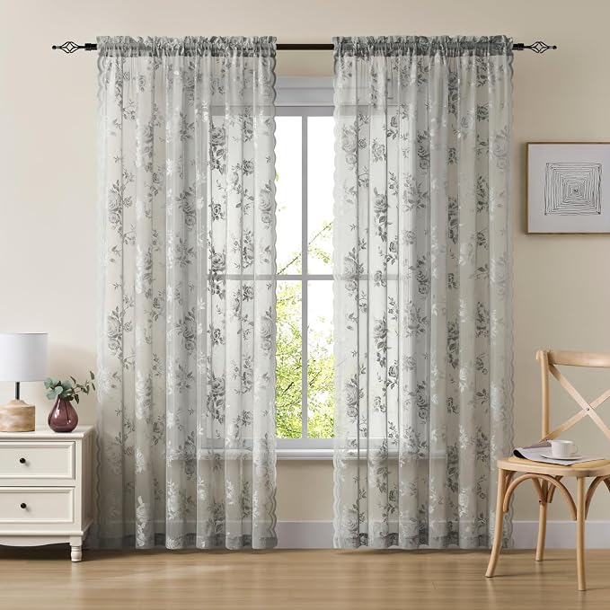 Gray Lace Curtains 96 Inches Long 2 Panels Grey Sheer Floral Curtains by SEEKRIGHTHomeDecor