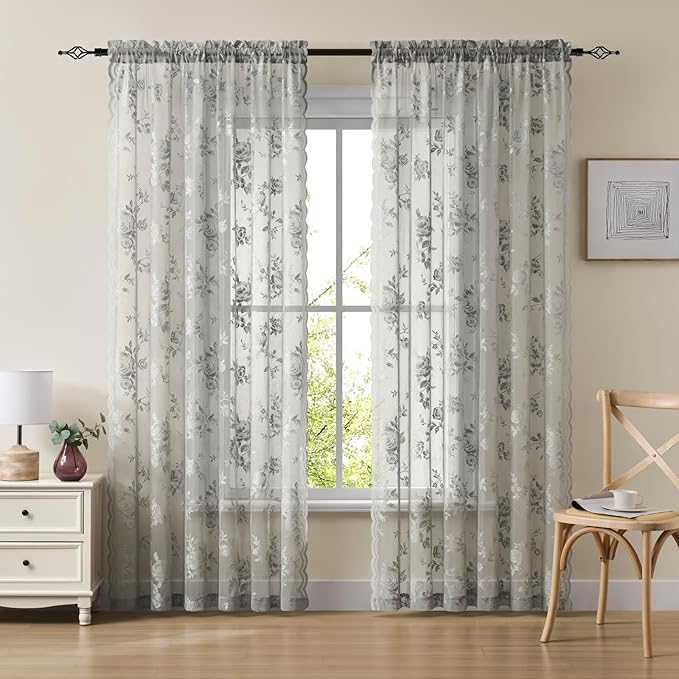 Gray Lace Curtains 72 Inch Length 2 Panels Set - Image 2