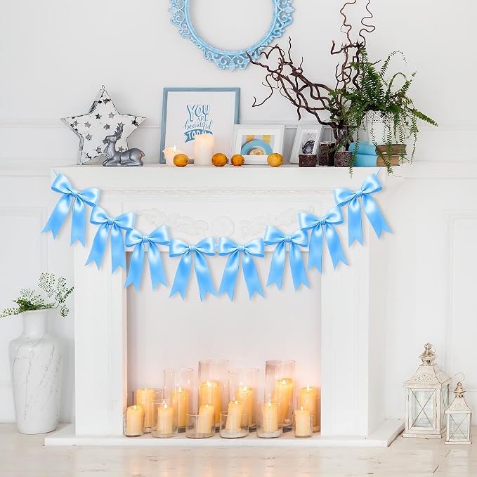 1 String of 8PCS Blue Bow Garland Banner Decoration, Pre-Strung Satin Ribbon by Unknown