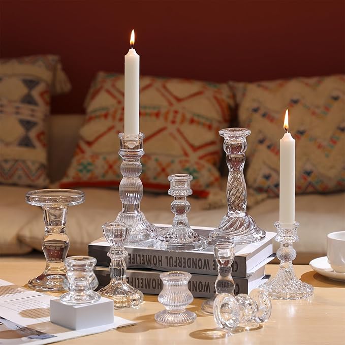 Mumufy 40 Pcs Glass Crystal Taper Candle Holders Clear Glass Candlestick Holder Fit 0.8 Inch Candles Crystal Decorative Candle Stand Centerpiece Table Wedding Dining Party (Classic,Clear)
