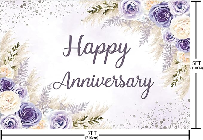MEHOFOND Boho Happy Anniversary Backdrop Purple Floral Bohemia Pampas Grass - Image 4