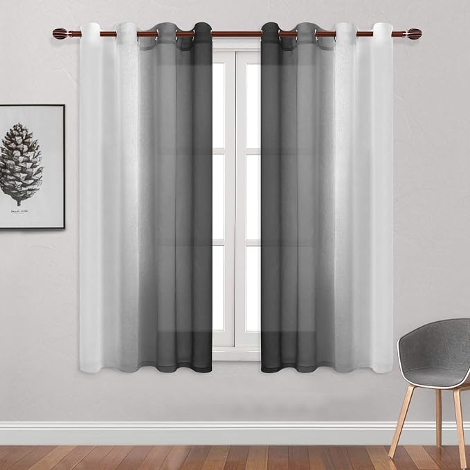 DWCN Black Faux Linen Ombre Sheer Curtains - Image 2