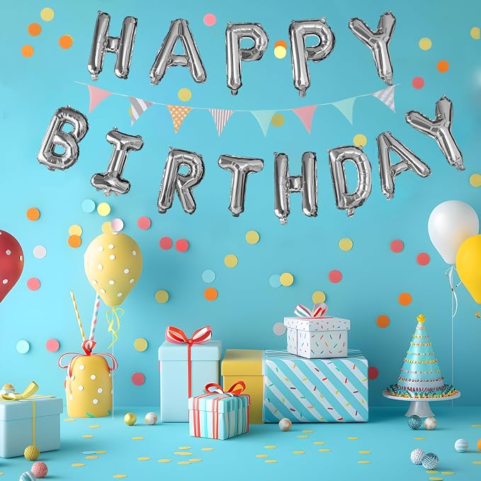 Happy Birthday Balloons Banner Mylar Foil Letter Sign Silver | 16 Inch Reusable - Image 3