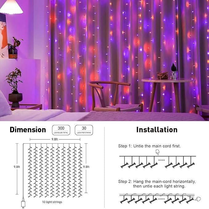 JMEXSUSS 300LED Halloween Curtain Lights, 9.8x9.8ft | Remote, Plug in, Window - Image 5