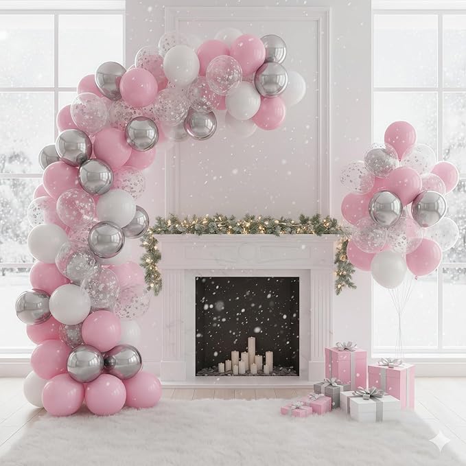 Pink and Silver Balloons, Pastel Light Pink Pearl White Metallic Silver Latex - Image 4