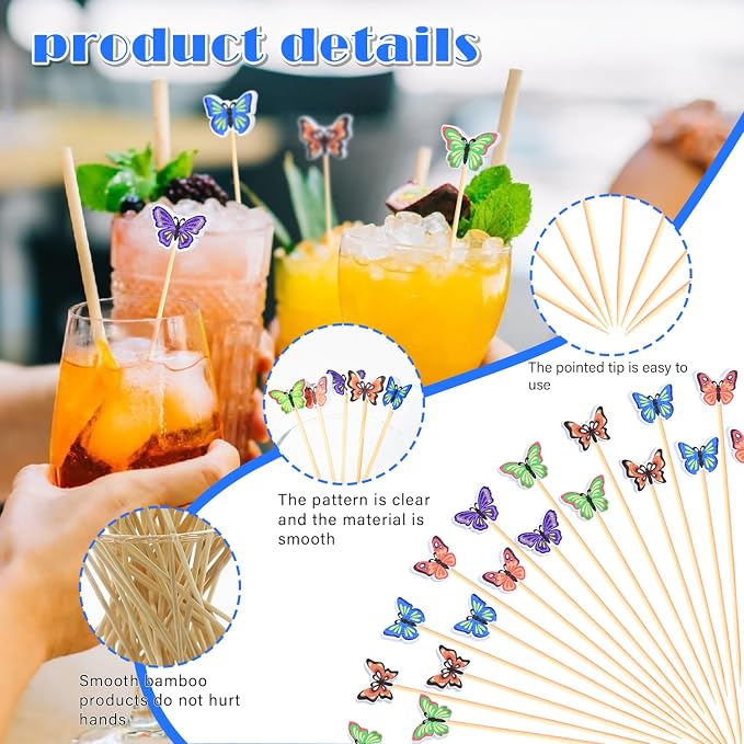 100Pcs Butterfly Cocktail Picks 5 Color Pattern Butterflies Decor | 5" - Image 2