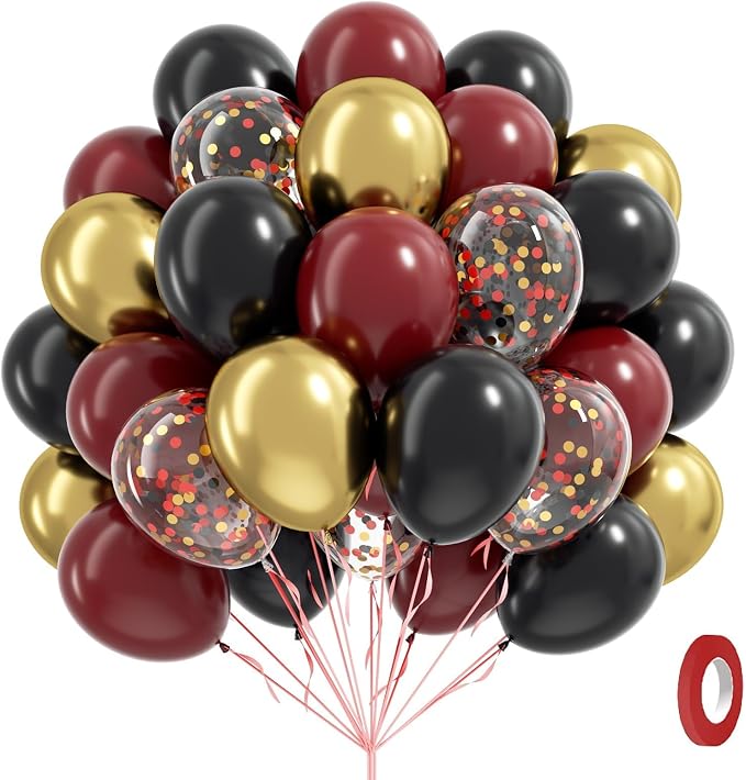 60pcs 12inch Black Burgundy and Gold Balloons, by Awenztech