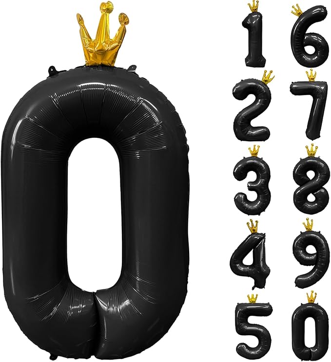 Black Number 0 Balloon with Crown, 40 inch Black Number Balloon 0th Birthday by Yeodong