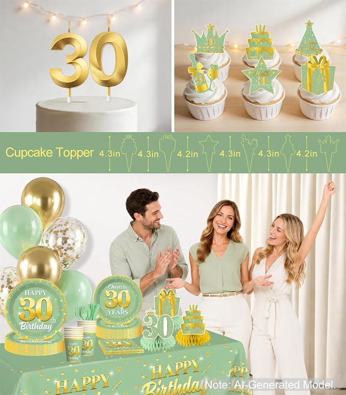216pcs Yingoto Green Gold 30 Birthday Decorations Tableware Set, 25 Serves | No - Image 6