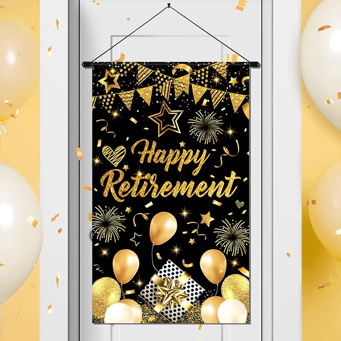 Black Gold Retirement Door Sign Decorations Happy Retirement Door Banner Small by Wayyogh