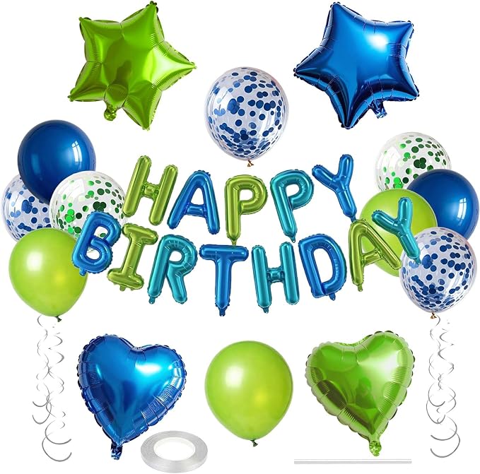 27 Pcs Green Blue Birthday Decorations, 3D Letters Green Blue Happy Birthday by WEIKA