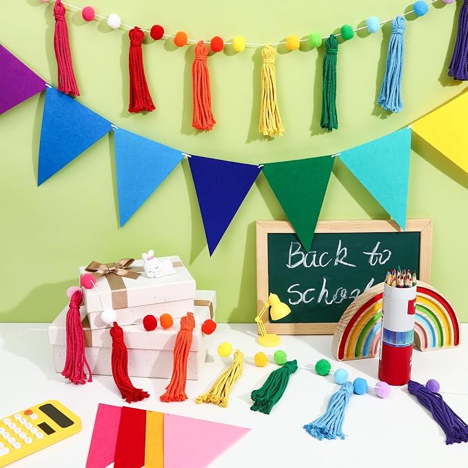 Jansun 4Pack 26.3ft Rainbow Tassel Pom Pom Garland Felt Bunting Banner | - Image 3