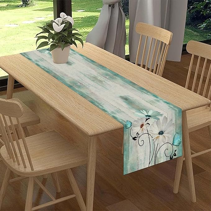 Daisy Floral Table Runner, Farmhouse Abstract Spring Seasonal Summer Blue White Flower Rustic Table Center Decor for Home Kitchen Dining Patio Holiday Party Indoor Table Decorations, 13"x108" Inch