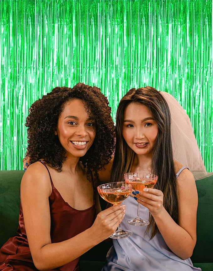 2 Pcs Green Metallic Tinsel Foil Fringe Curtains, 3.2ft x 8.2ft Photo Booth - Image 3