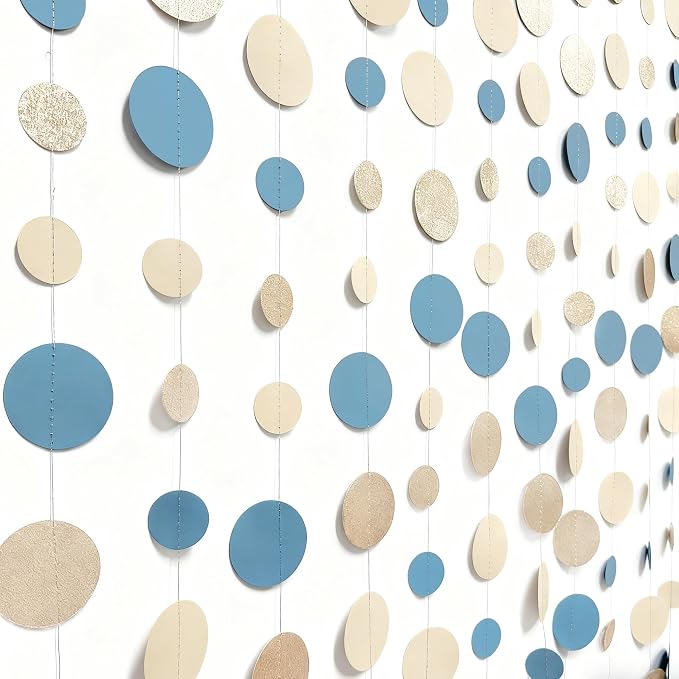 Champagne Gold Dusty Blue Beige Circle Dot Garland Hanging Paper Polka Dot - Image 4