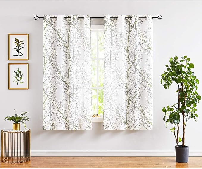 FMFUNCTEX Linen Sage Green White Semi Sheer Print Curtains 45 Inch 2 Panels | - Image 2