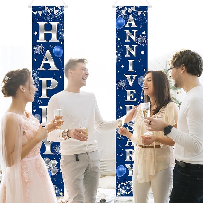 Avezano Happy Anniversary Door Banner Navy Blue and Silver Anniversary - Image 4
