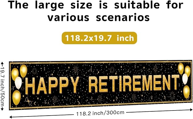 Retirement Party Decorations, Large Black and Gold Happy Retirement Banner - Image 2