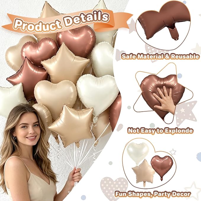 TONIFUL 18 Inch Cream Brown Star and Heart Foil Balloons - Image 4