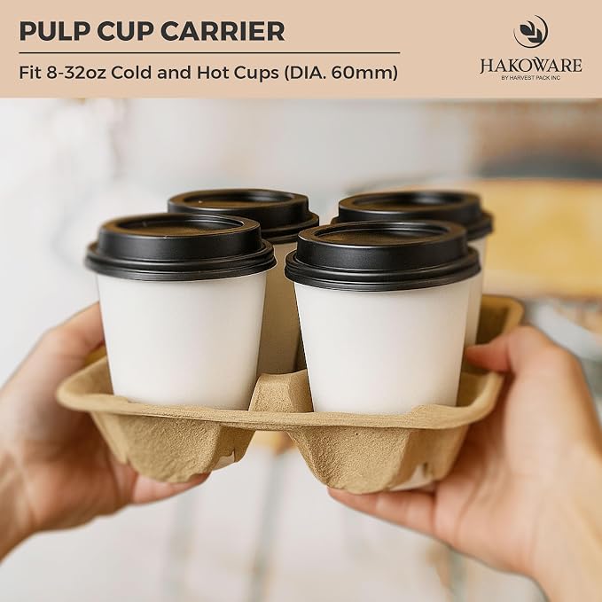 HAKOWARE 8-32oz Pulp Fiber 4 Cup Disposable Drink Carrier Trays, Compostable - Image 6