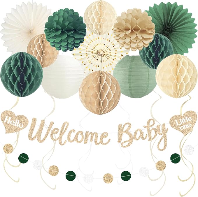 Sage Green Baby Shower Decorations Boy, Pre-Strung, Honeycomb Balls, Paper by Aonor