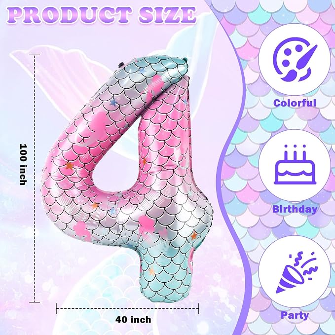 40 Inch Mermaid Number 4 Balloon, Sea Themed Birthday Decorations - Image 2