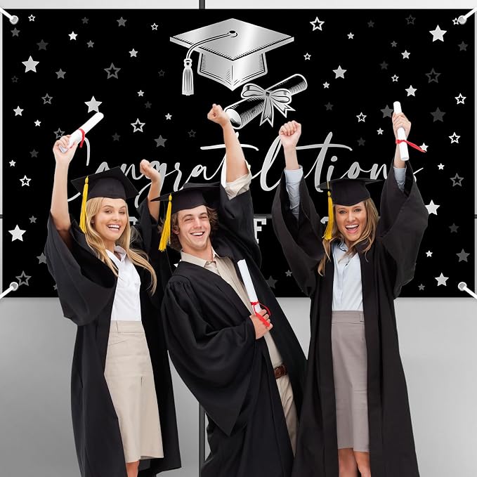 Congratulations Graduation Banner Class of 2026 Backdrop Black Silver Congrats - Image 7