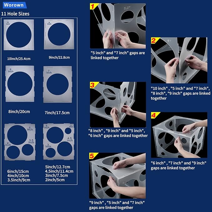 Worown 11 Holes White Collapsible Plastic Balloon Sizer Cube Box, 2-10 Inch - Image 3