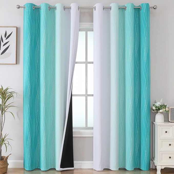 Teal and Greyish White Blackout Curtains 102 Inch Length 2 Panels Set, Thermal by ESTELARTEXTILER