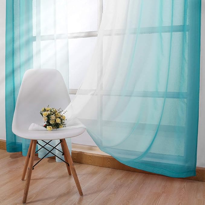 DWCN Teal Faux Linen Ombre Sheer Curtains - Image 3