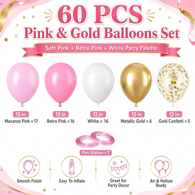 Pink Gold Balloons, Metallic Gold Confetti Latex Balloons, Women Girls Princess - Image 2
