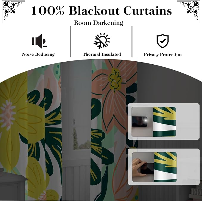 Tyrot Boho Floral 100% Blackout Curtains fo Bedroom 96 inch Long 2 Panels Mid - Image 3