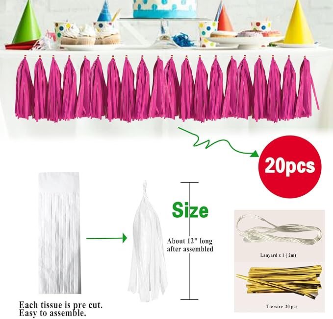 Fuchsia Tassel Garland 20 Pcs, Tissue Paper Tassels Garland Banner - Image 2