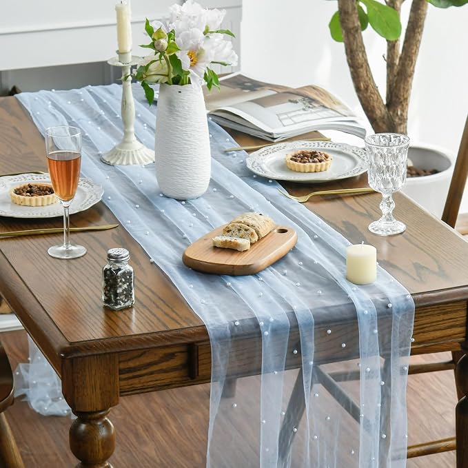 Artoid Mode 3PCS Pearl Blue Gauze Table Runner 120 Inch 10FT, Seasonal Sheer - Image 2