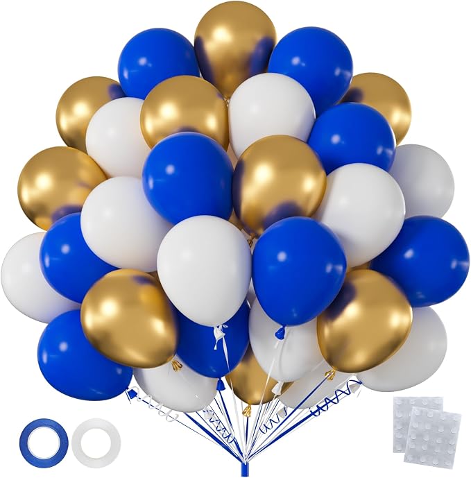 60pcs Royal Blue and Gold Balloons, 12 Inch Dark Blue White & Metallic Gold by Q%26High+Life