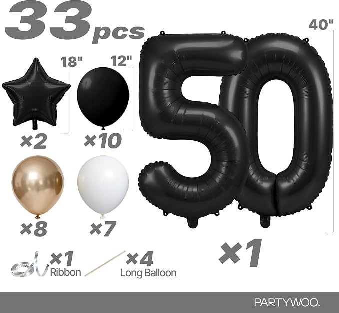 PartyWoo Number Balloons 40 Inch Black Number 50 Kit 33pcs - Image 2