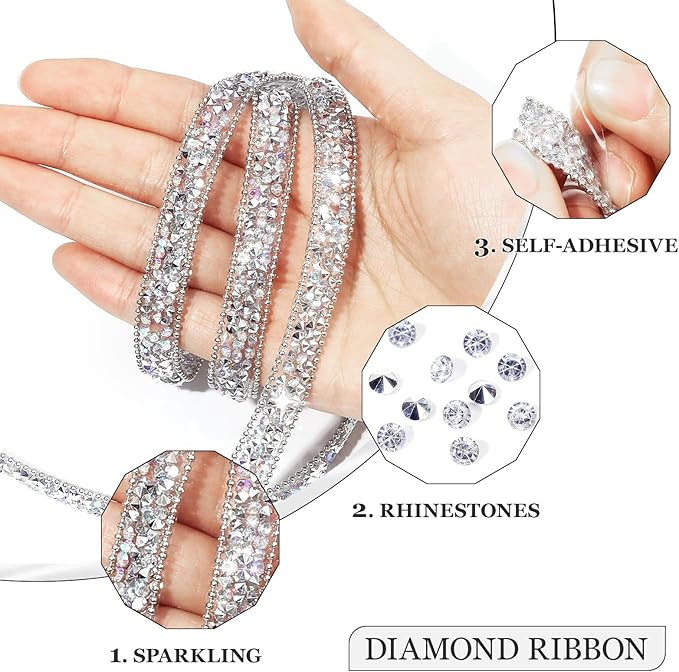 Rhinestone Ribbon 3 Yards Self Adhesive Rhinestone Strips Diamond Ribbon Sticker Crystal Roll Glitter Bling Rhinestones Tape for Crafting DIY Art Decoration (Silver AB,0.4 Inch)