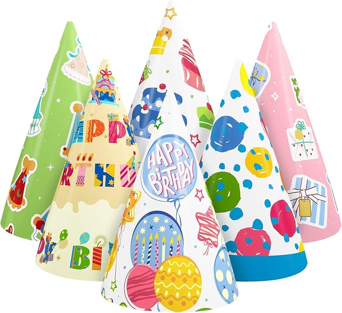WERNNSAI 12 Pcs Birthday Party Hats Assorted Themes Cone Paper Headbands | by WERNNSAI