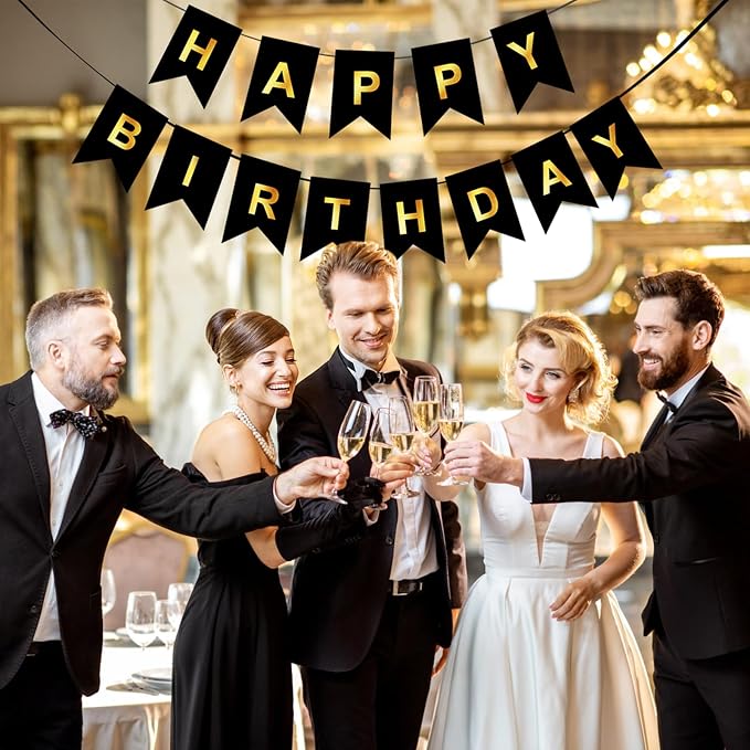 Happy Birthday Banner, Pre-Strung Black and Gold Party Decorations，16ft - Image 3