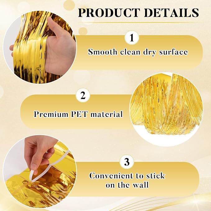 4 Pcs 15ft Gold Metallic Foil Ceiling Fringe Curtains, Party Decor Fringe Drapes - Image 3