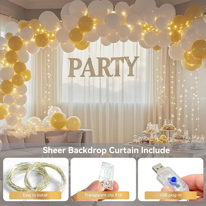10×8ft Tulle Backdrop Curtains with Lights String - 300LED Fairy Lights Sheer Curtain Backdrop for Weddings Baby Shower and Birthday Party Decorations(2 Panels 5×8ft)