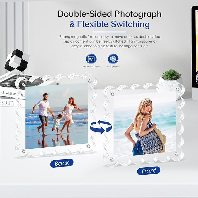 Acrylic Picture Frames. 5×5inch 6Pack - Double-Sided Scalloped Photo Frame, 20mm Ultra-Clear Block, Modern Desktop Display for Home/Office Decor (6 Pack, 5X5)