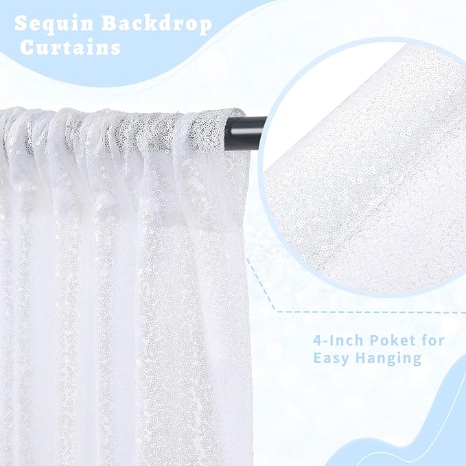 White Sequin Backdrop Curtains 2 Pcs 5ftx8ft Sparkle Backdrop Drapes | Glitter - Image 3