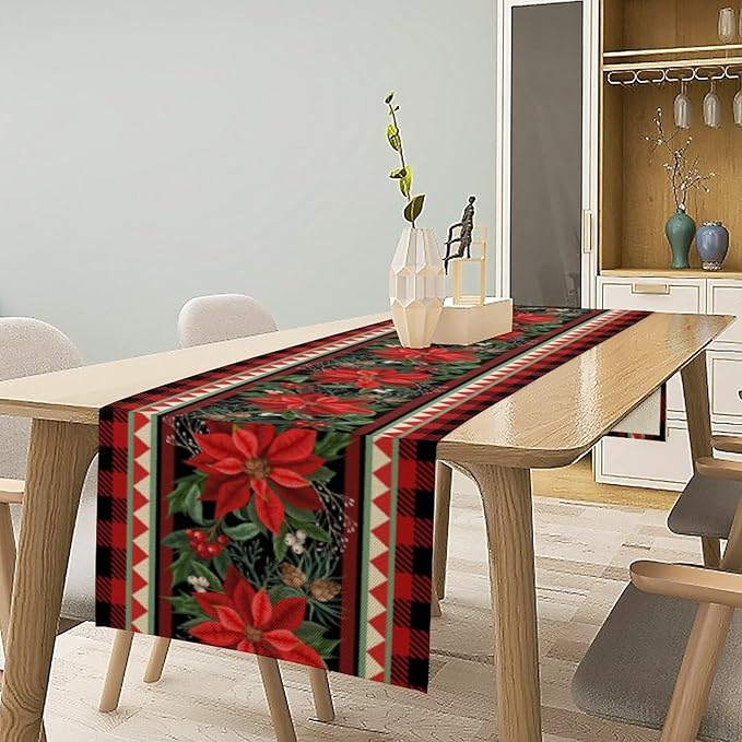 Christmas Table Runner,Seasonal Winter Xmas Holiday Plaid Table Cloth Kitchen Dining Table Decoration for Home Party Decor 13x36 Inch