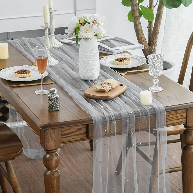 Artoid Mode 6PCS Pearl Grey Gauze Table Runner 120 Inch 10FT, Seasonal Sheer - Image 4