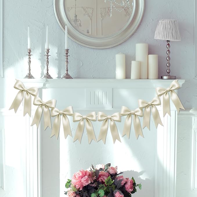 2 Strings of 16PCS Ivory White Bow Garland Banner Decoration, Pre-Strung Satin - Image 7