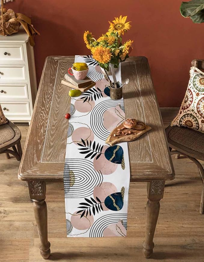 Modern Boho Cotton Linen Table Runner for Dining Kitchen, Wedding Outdoor Party Tablerunners Decoration, Abstract Bohemian Tropical Palm Leaf Dresser Scarf Coffee Tablecloth Runners 13x72 Inches