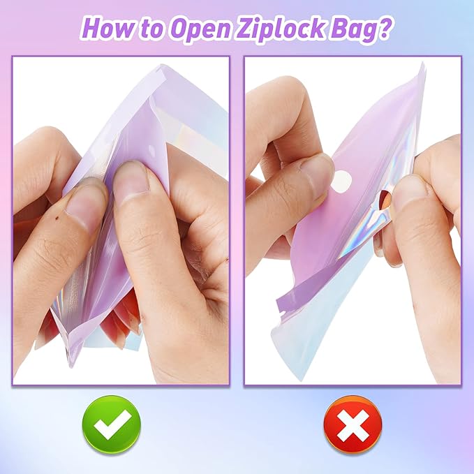 Funfery 100 Pack Holographic Mylar Bags,Clear Window Smell Proof Bag Foil Seal Pouch Resealable Bags with Zipper,Packaging Bag for Food Storage,Lash,Jewelry,Business Supplies(3×4.7in, Purple Blue)